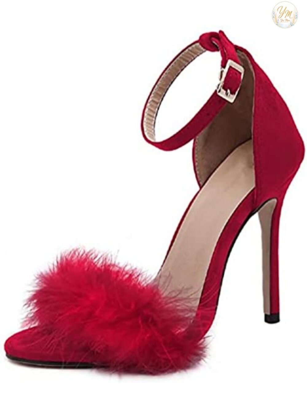 Women's Open Toe Ankle Strap Fluffy Feather Stiletto Heel Dress Sandal